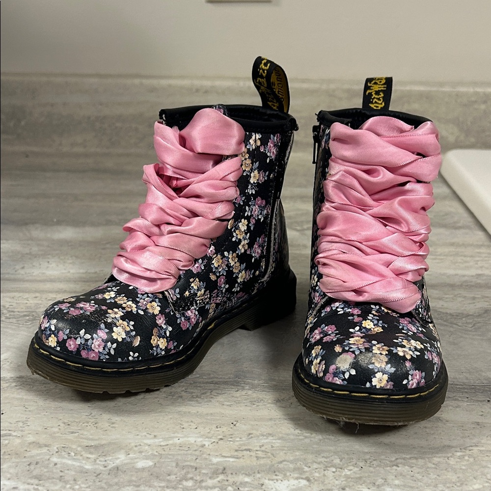 Kids Floral Dr Martens Boots with Pink Satin Laces